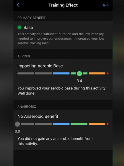 The training effect of my Honda Manesar race. It was a "Base" building activity, which means it improved my overall endurance.