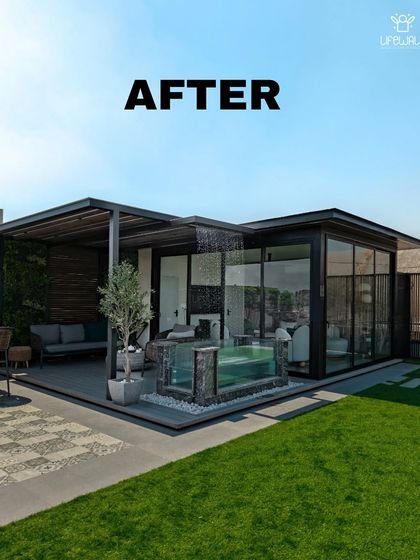 The after shot of a complete outdoor solution, featuring a glass-walled pool with a rain shower, a pergola lounge, and a glass house.