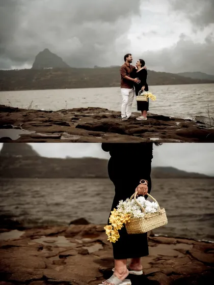 A dramatic collage of the couple on a rocky shore, with a mountain looming in the background. It captures both their intimate connection and the epic scale of the landscape.