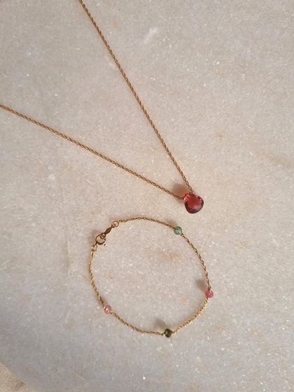 A complete set for inviting love into your life. Here is my 'pānīy' Tourmaline beaded bracelet paired with the 'ṣatra' Pink Tourmaline heart drop pendant, both designed to foster compassion and self-love.