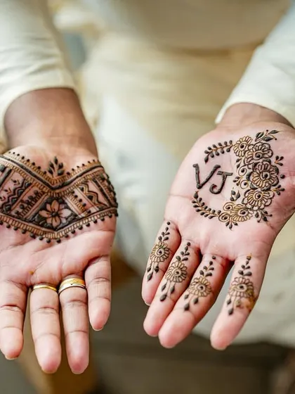 Mehendi for the groom is a beautiful tradition. Here, I've created a simple yet elegant design featuring the couple's initials 'VJ' within a floral wreath, and a traditional pattern on the other hand.
