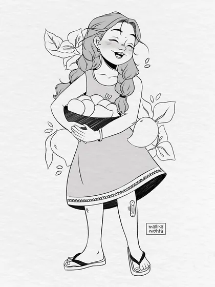 The clean, digital version of the 'summer nostalgia' sketch. This is the final line art, ready for coloring, which captures the joyful character holding a bowl of mangoes.