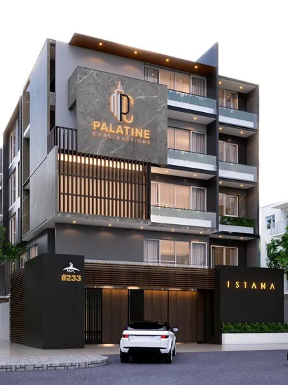 Our work extends to the complete architectural vision for a building. This is our design for the 'Istana' luxury apartment building in Mysore, where we crafted a modern facade using a mix of marble, wood accents, and metalwork to create a striking street presence.