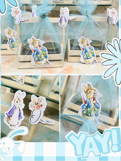 A collage showcasing the charming details of the Peter Rabbit themed hampers, from the character cutouts to the delicate net wrapping.