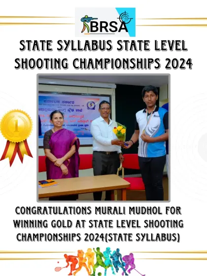 A graphic celebrating Murali Mudhol's gold medal win at the State Level Shooting Championships for the state syllabus.