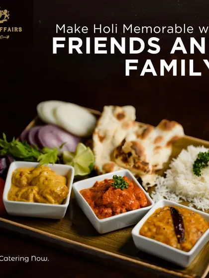 Make your celebrations memorable with friends, family, and amazing food. This platter offers a complete Indian meal with various curries, fluffy rice, and soft naan, perfect for a festive gathering like Holi.