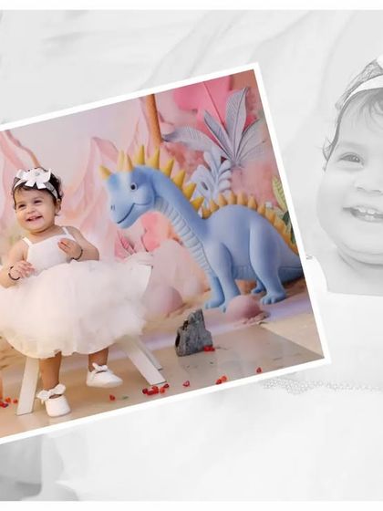 Another example of a creative collage, combining a smiling black-and-white portrait with a full-color image from the same dinosaur-themed shoot.