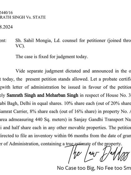 Another judgment from a long-pending probate case that I successfully concluded. This victory involved securing my clients' rightful share in multiple properties by proving the validity of the original will.