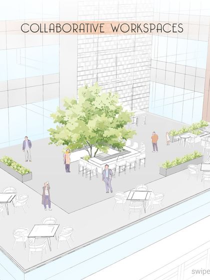 This sketch highlights the concept of collaborative workspaces in an outdoor setting. A central tree acts as a natural anchor for a large meeting table, transforming the terrace into a seamless extension of the indoor office.