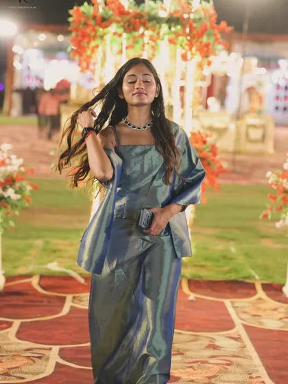 This look, with a chic co-ord set, is perfect for a vibrant Sangeet or Mehendi night. It reflects my energetic and modern hosting style while keeping things elegant.