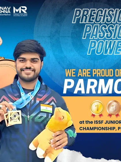 We celebrate the international success of our athletes. This graphic honors our rising star Parmod, who won both gold and bronze medals at the ISSF Junior World Championship in Peru.