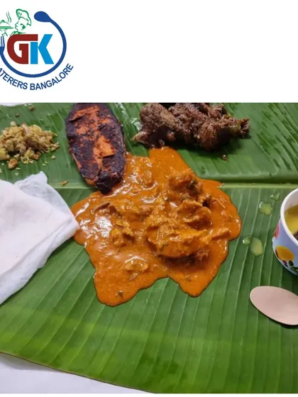 My non-vegetarian meals are just as famous as my veg ones. This plate shows a classic combination for a Beegaroota: spicy fish fry, rich mutton curry, and soft neer dosa, all served traditionally on a banana leaf.
