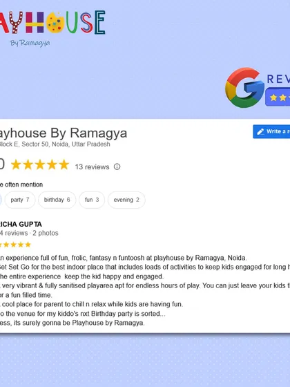"An experience full of fun, frolic, fantasy n funtoosh." A glowing review highlighting our fully sanitized play area and how it's a cool place for parents to chill.