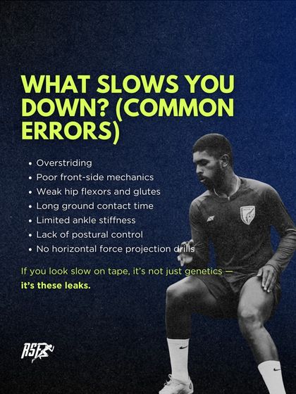 This infographic lists common errors that slow athletes down, such as weak hip flexors or poor front-side mechanics. At RSF, I assess for these leaks before designing a speed program.