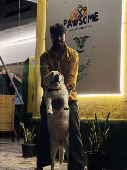 This happy Labrador with a heart drawn on his chest is getting a big hug. He's clearly enjoying his time here.