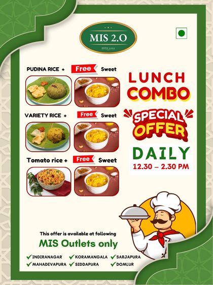 Our special lunch combo offer, featuring a choice of Pudina, Variety, or Tomato rice with a free sweet.