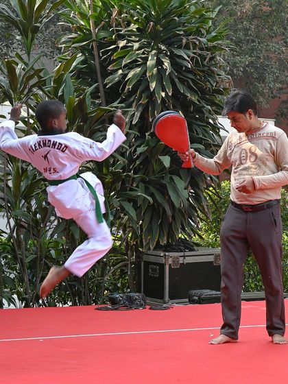 A young boy practices a Taekwondo kick with an instructor. We offer a wide range of activities, including martial arts demonstrations, to engage our diverse audience.