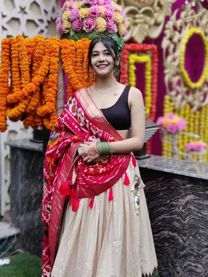 Nothing beats the feeling of wearing a full ethnic lehenga. I help you find and style outfits like this vibrant ghagra choli that are perfect for festive celebrations, making you feel confident and beautiful.