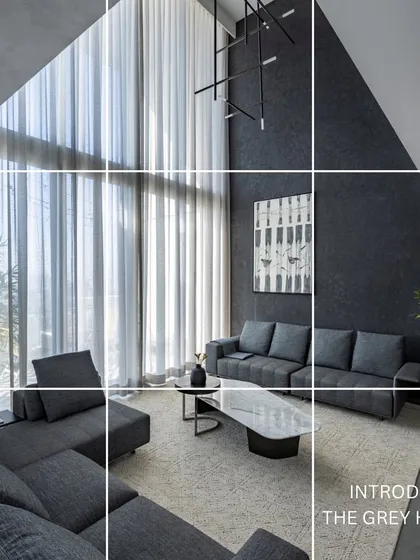 A puzzle-like grid image introducing 'The Grey House', highlighting its key features: simplicity, clean lines, and a timeless aesthetic.