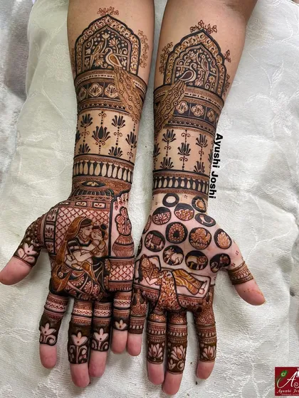 Celebrating the journey to motherhood with a design full of blessings. This baby shower mehendi combines the divine love of Maa Yashoda with Balgopal and the 14 sacred dreams of Mata Trishala, making it deeply personal and spiritual.