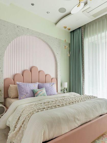 A before and after comparison of a bedroom in the 'Urban Oasis' project. The transformation includes a new pastel color scheme, a scalloped pink headboard, and a fluted arch detail.