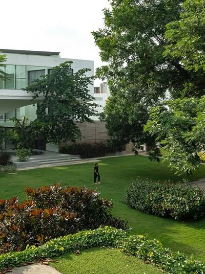 An expansive residential lawn with a large, mature tree providing a natural canopy for a paved seating area. The landscape design balances open green space with functional zones for relaxation and gathering.