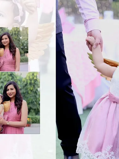 A collage from a first birthday event, showing the birthday girl in her angel costume and a lovely family portrait. We provide a variety of shots to tell the whole story.