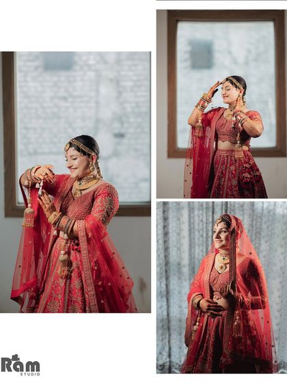 A collage of the bride, "Kirti," showing her in various playful and graceful poses by a window, capturing her happy and radiant personality.