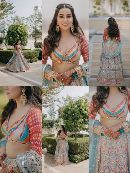 A collage showcasing the stunning, multi-colored lehenga of bride Chitranksha at her Mehendi. The various angles highlight the intricate details and vibrant design of her outfit.