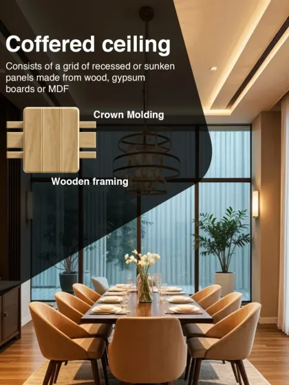 A coffered ceiling consists of a grid of recessed panels made from wood or gypsum. This architectural detail adds a sense of grandeur and texture, perfect for dining rooms.
