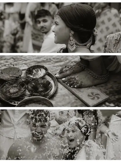 The story of a Haldi is in the details. This collage captures it all in timeless black and white, from the bride's serene expression and the ritualistic elements to the final, joyful mess.