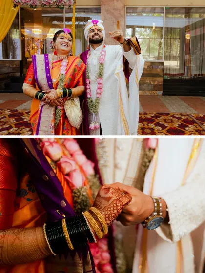 A happy moment for the newlyweds, and a close-up on the bride's hands, adorned with the traditional green bangles (chooda) and intricate mehendi.