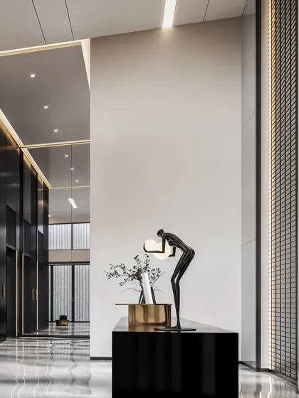 A minimalist hotel lobby featuring a sculptural console table and a striking art piece. The render focuses on clean lines and high-contrast materials.