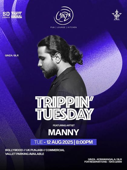 The poster for 'Trippin' Tuesday' at Ginza. My sets for these nights are always a journey through the best of Bollywood and UK Punjabi music.