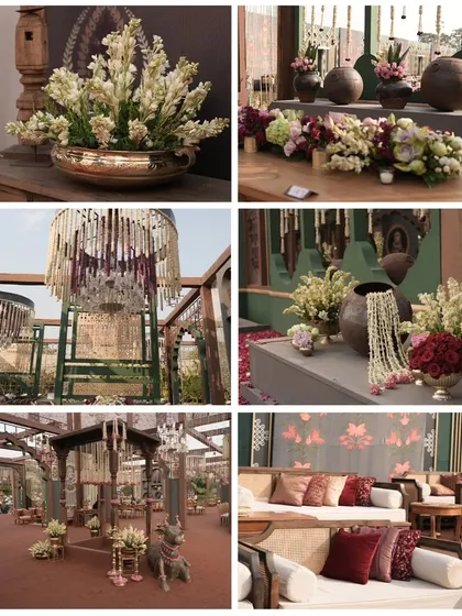 A collage of decor details, from floral arrangements and chandeliers to regal seating. This shows the variety and consistency of the design language throughout the event.