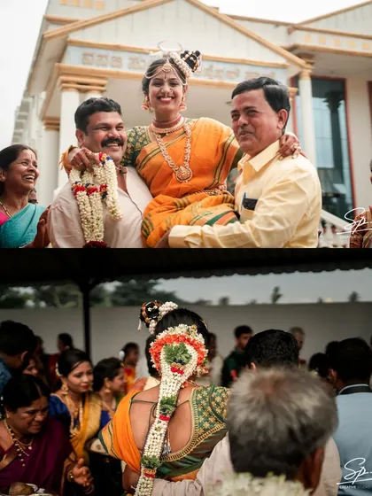 The bride's joyful entrance, carried by her family, is a classic South Indian wedding tradition. We capture the smiles and the excitement of these cherished customs.