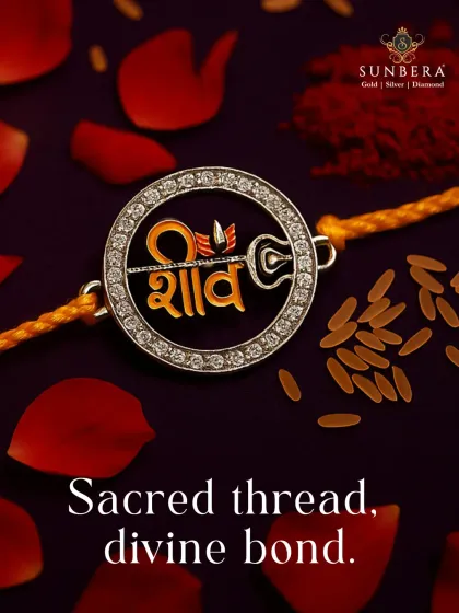 A sacred thread for a divine bond. This close-up features a 'Shiv' rakhi, intricately designed in silver with Devanagari script. It's a perfect choice for a bond that is blessed with strength and faith.