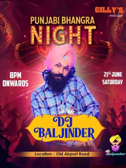This poster for my Punjabi Bhangra Night at Gilly's Resto-bar shows my specialty. I host and perform at dedicated themed nights, bringing authentic dhol beats and Bhangra hits to Bangalore's top venues.