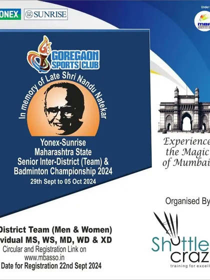The official announcement for the Yonex-Sunrise Maharashtra State Senior Inter-District Championship, organized by ShuttleCraze.