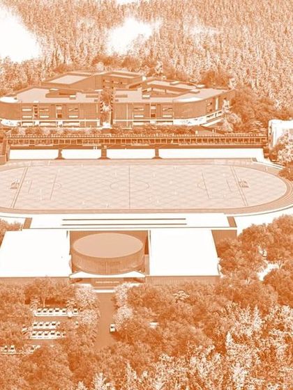 This rendering shows the scale of the proposed Sharada campus, with buildings arranged to respect the topography and create a variety of open spaces.