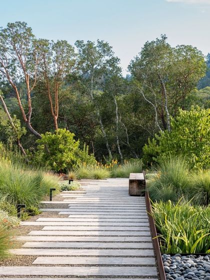 A modern pathway made of long, narrow concrete pavers set into a gravel bed. The path is flanked by native grasses and leads to a simple wooden bench, blending seamlessly into the naturalistic landscape.