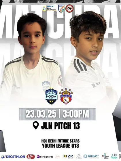 Matchday 3 poster for our U13 team in the Delhi Youth League, featuring two of our determined young players.