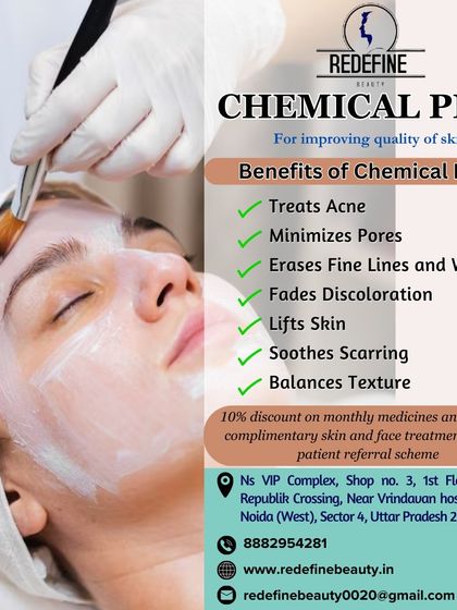 Renew and reveal your skin's potential with a Chemical Peel. This graphic explains how the treatment can treat acne, minimize pores, erase fine lines, and balance skin texture.