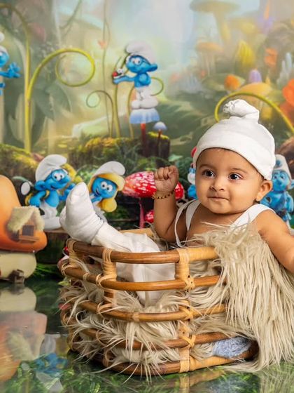 Peeking out from a fuzzy basket, this baby is right at home in our magical mushroom forest, ready for his Smurf-themed adventure.