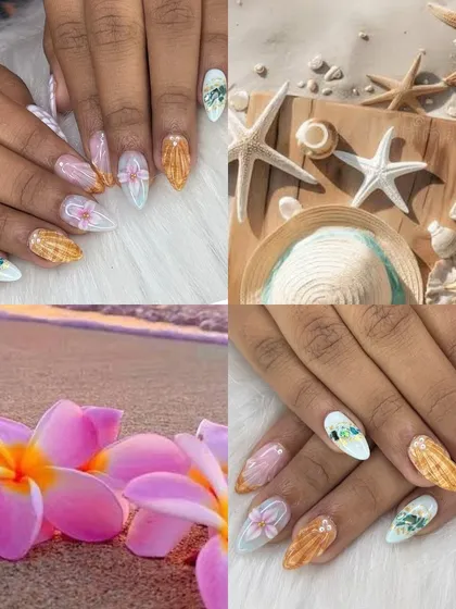 A mood board collage that captures the vacation vibe of this FiDi nail art set.