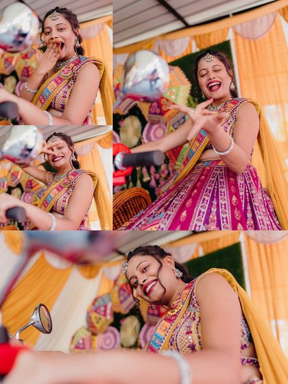 A collage of a bride's fun and expressive moments from her Mehendi ceremony, posing on a red scooter.