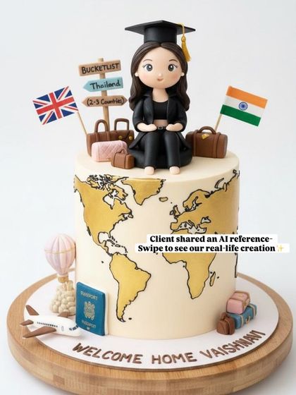 The original AI-generated reference image for the travel cake, shown next to our handcrafted, edible version.