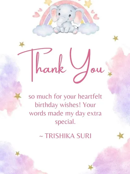 We also design matching thank you cards, like this one for Trishika's elephant-themed birthday party.
