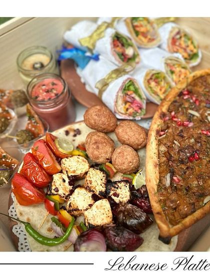 This Lebanese Platter is a complete meal, featuring Veg Kibbeh, Shish Taouk Skewers, hummus, and fresh salads, offering a wonderful balance of flavours.