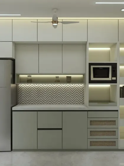 A kitchen with a beautiful chevron-patterned backsplash. The design includes a tall unit for appliances and open shelves for easy access to everyday items.